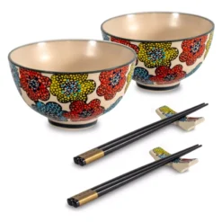 PECHINO LINE Set De 2 Bols Coupelle En Grès D11.5 300 Ml Avec Baguettes Décor Bleu Clair WD Lifestyle -Élégance Bar Soldes pechino line set de 2 bols coupelle en gres d115 300 ml avec baguettes decor bleu clair wd lifestyle 1